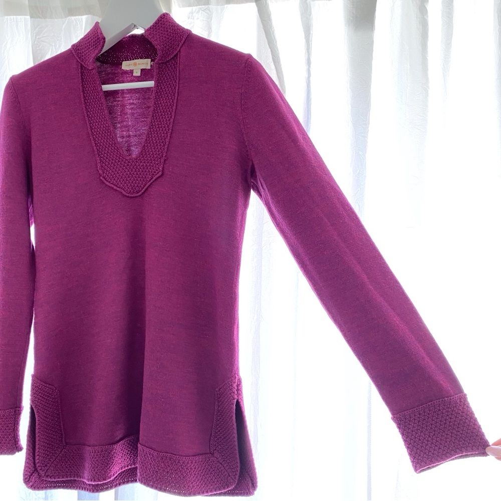 TORY BURCH LIZZIE MAGENTA DARK PURPLE MERINO WOOL KNIT TUNIC SWEATER - Picture 2 of 9